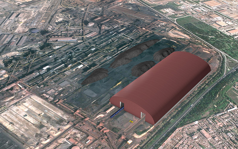 Progetto della copertura parchi minerali Ilva, planivolumetrico pubblicato sul sito web della ditta Cimolai Spa